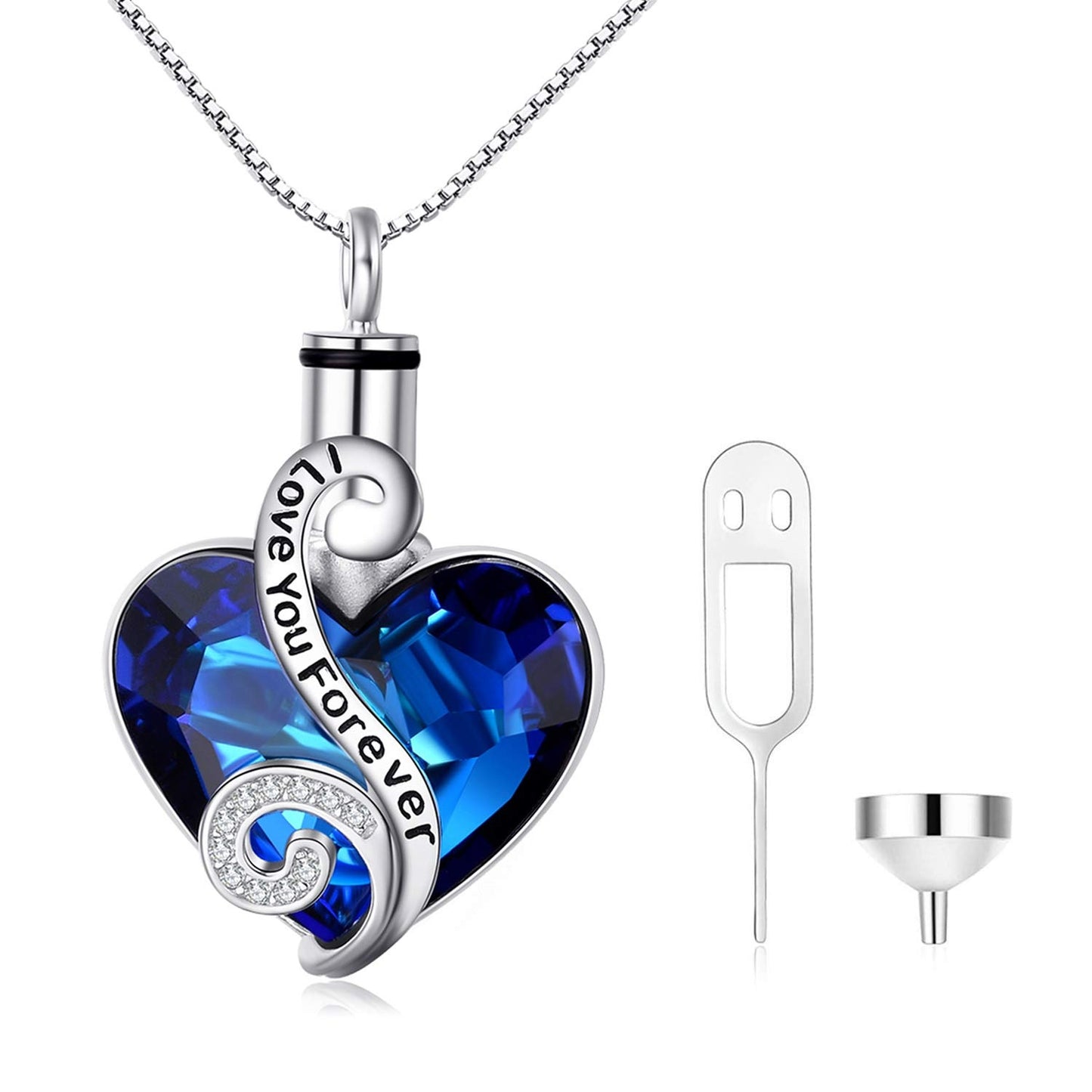 Crystal from Austria Heart Urn Cremation Keepsake Necklace in White Gold Plated Sterling Silver