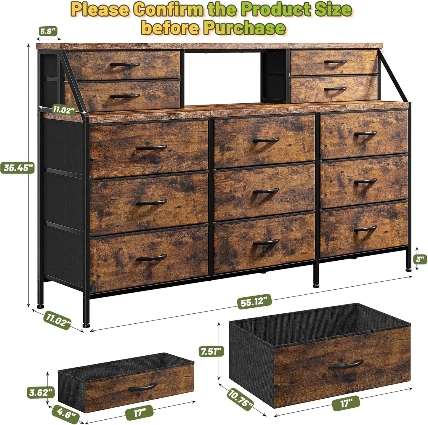 55”W Dresser for Bedroom, Dresser with 13 Large Drawer, Dressers & Chests of Drawers, Dressers with 2 Shelves, Bedroom Dresser,