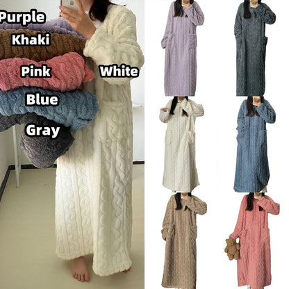 Winter Coral Fleece Sleepwear Women's Nightgown Long Night Dress Pajamas With Pockets Thickened Jacquard Dress Warm Home Clothes