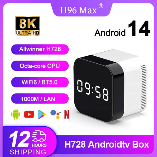 H96 MAX H728 Smart TV Box Android 14 ATV Box 8K 4K@60fps 1000M/LAN Wifi6 BT5.0 Google Voice Assistant Media Player Set Top Box